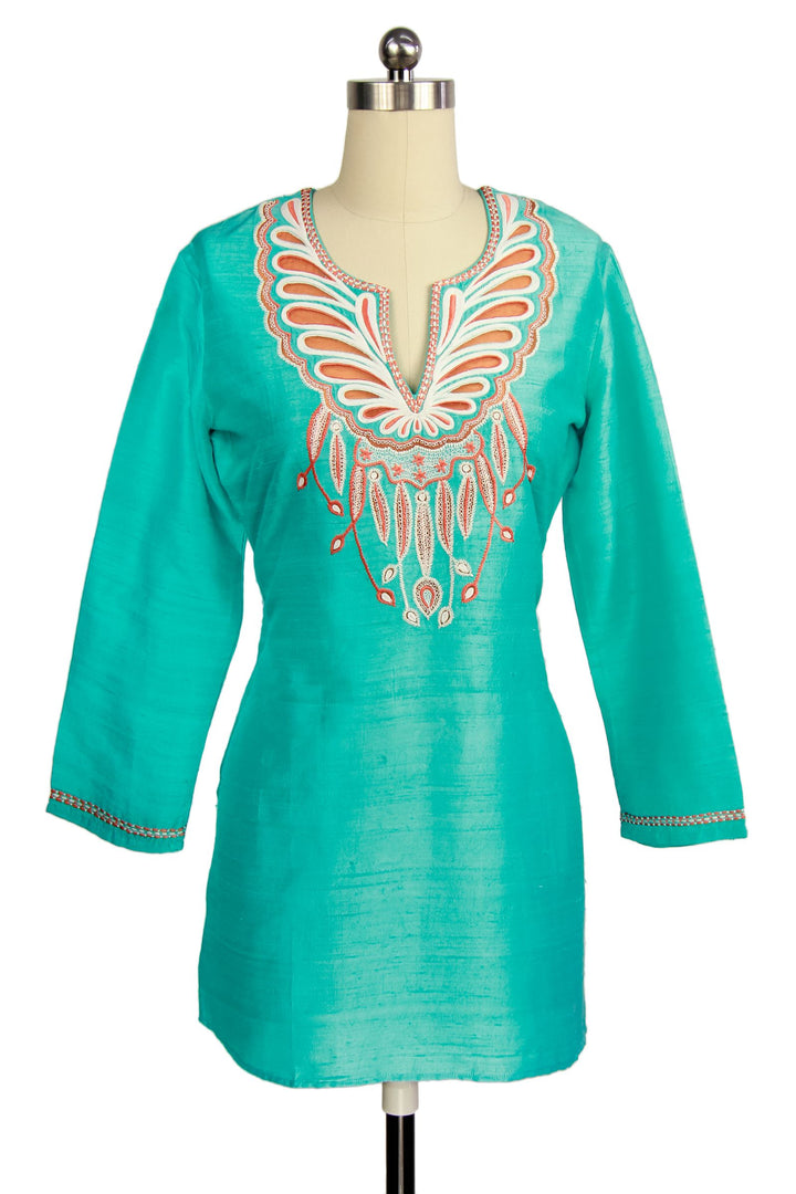 Turquoise Silk summer embroidered Tunic