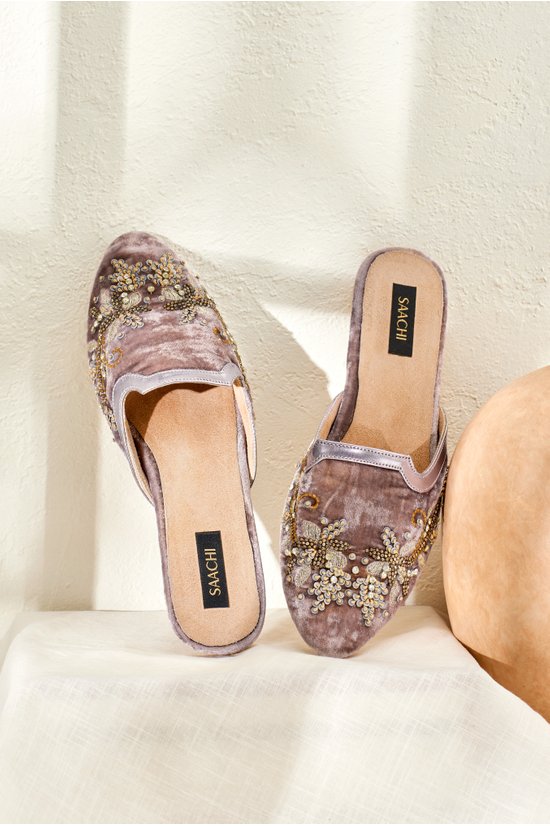 Floral Embroidered Velvet Mules