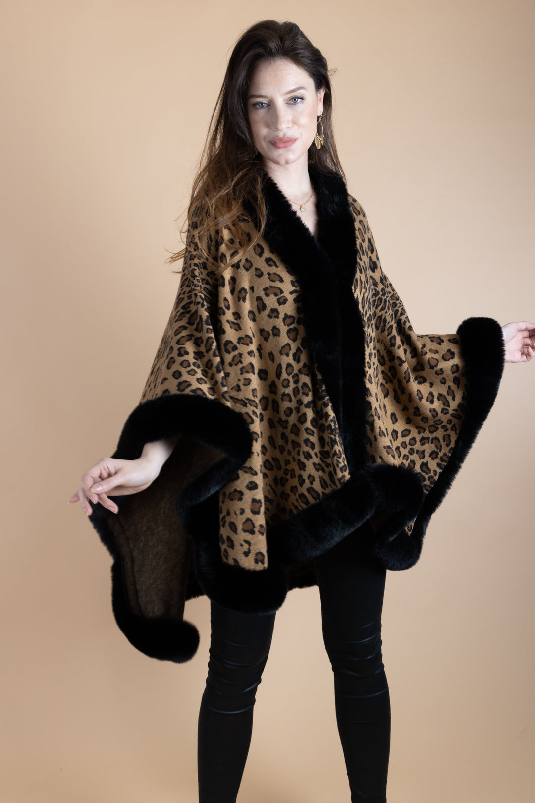 Faux Fur Cheetah Patterned Cape Kimono