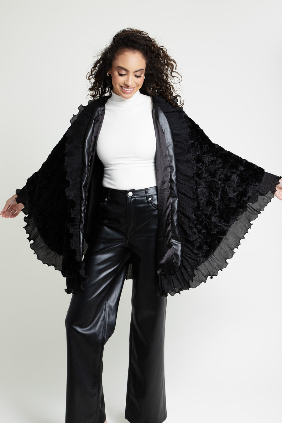 Ruffled Faux Fur Cape