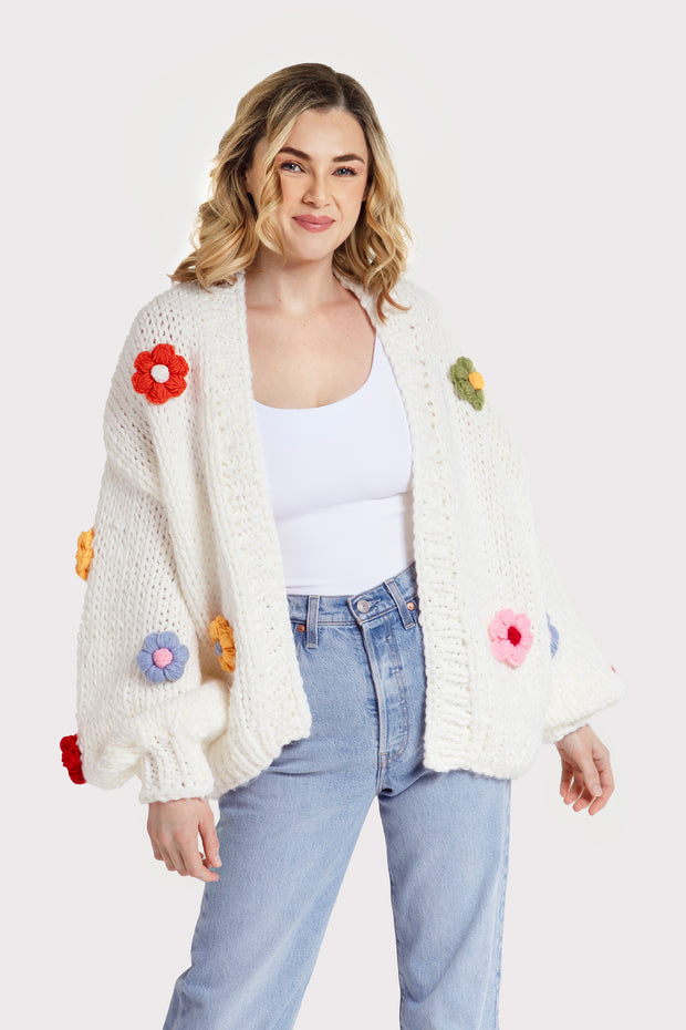 Knitted Floral Appliqué Cardigan