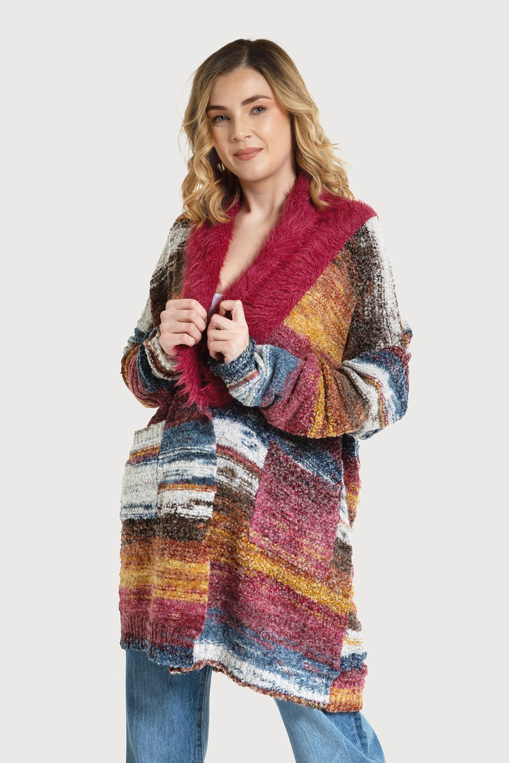 Fur Collared Abstract Striped Cardigan