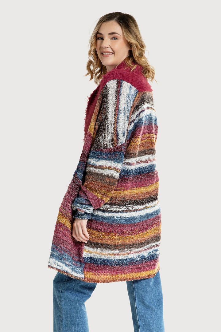 Fur Collared Abstract Striped Cardigan