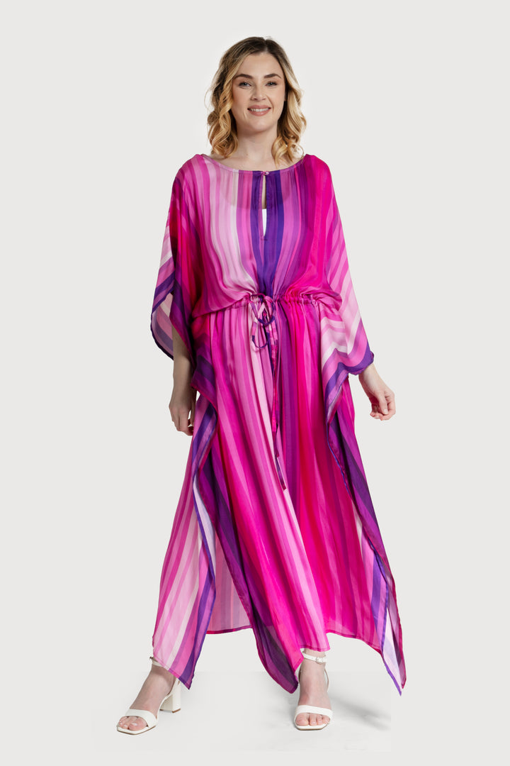 Multicolor Striped Tie Waist Keyhole Kaftan