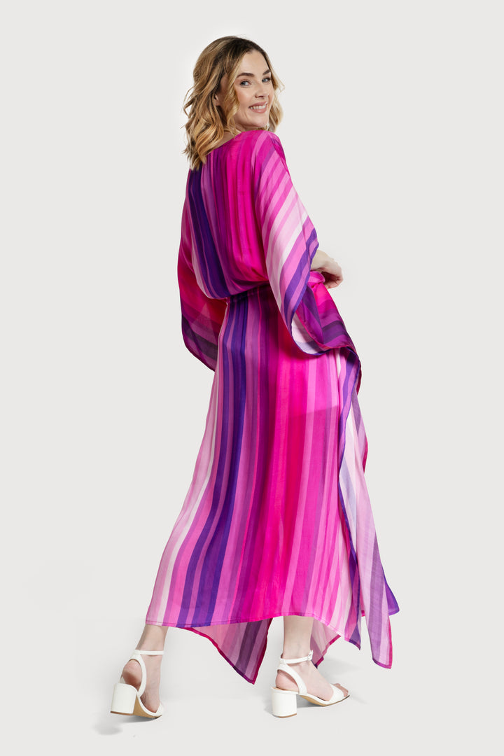 Multicolor Striped Tie Waist Keyhole Kaftan