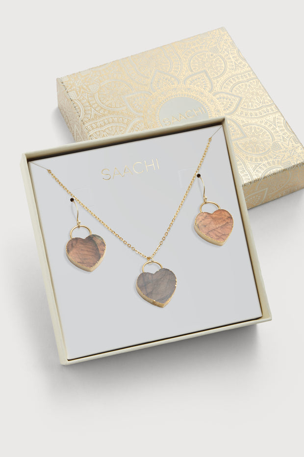 NATURAL STONE HEART EARRINGS AND NECKLACE SET