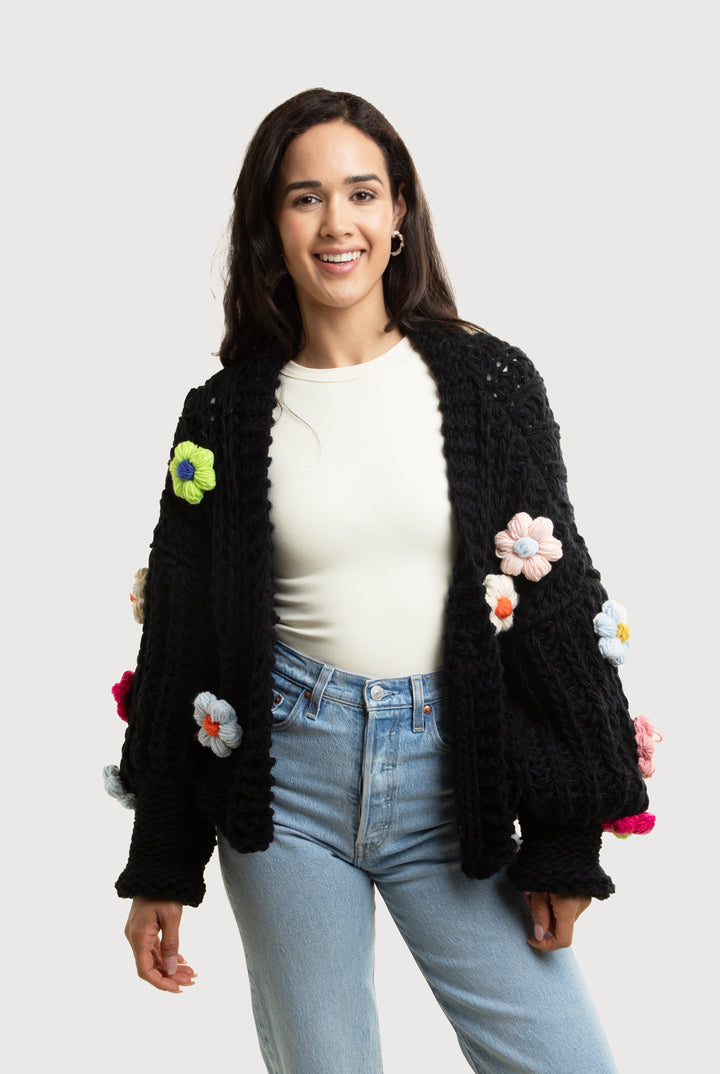 Knitted Floral Appliqué Cardigan With Buttons