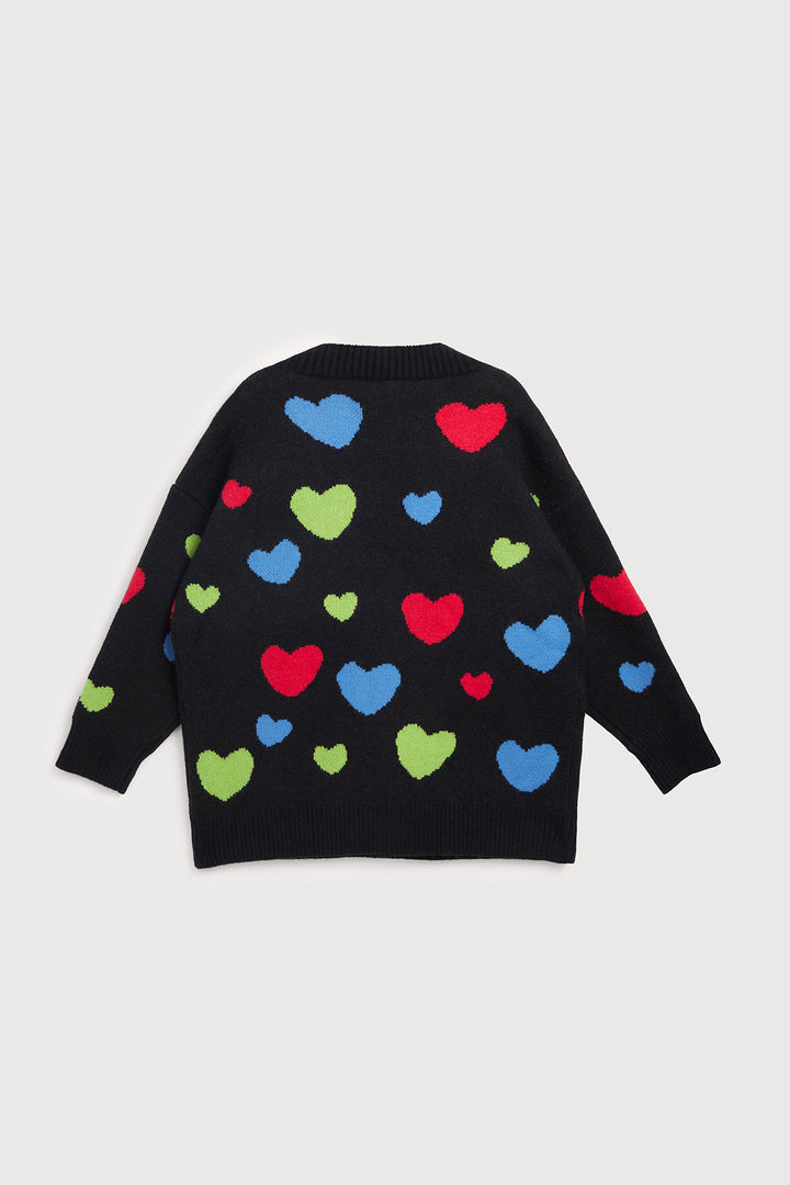 Multicolored Heart Buttoned Cardigan