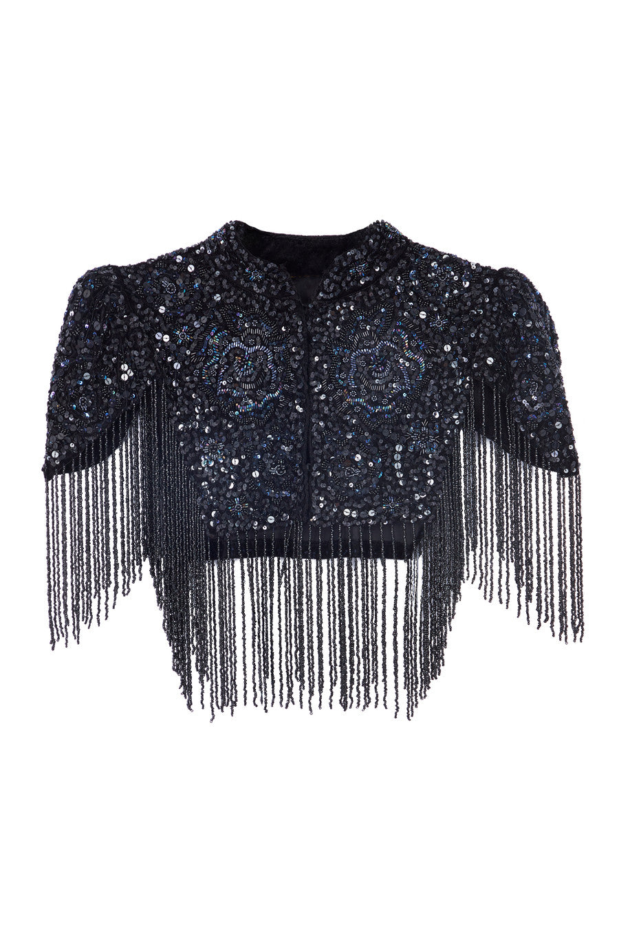 Rosette Embellished Velvet Fringed Capelet