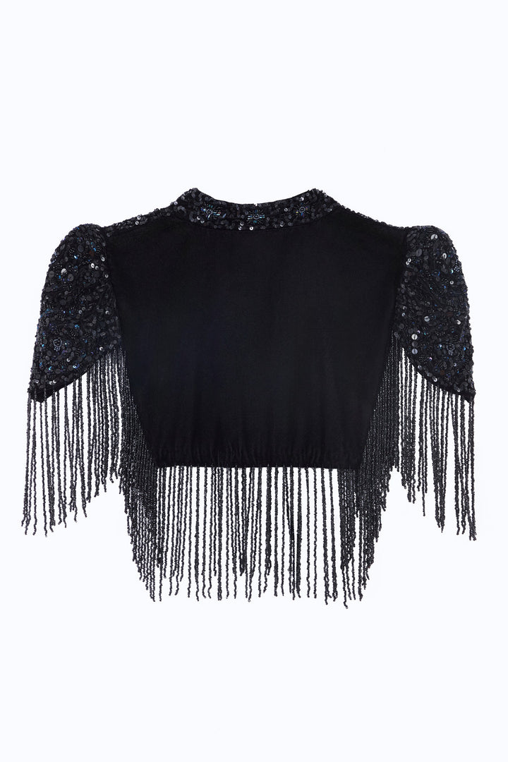 Rosette Embellished Velvet Fringed Capelet