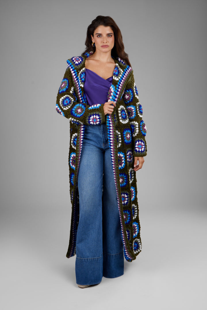 Hooded Wool Granny Square Crochet Kimono