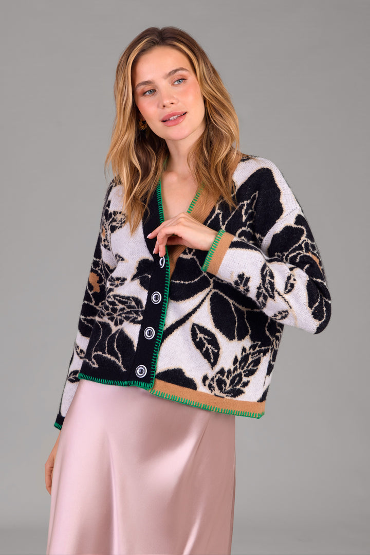 Abstract Floral Button Cardigan