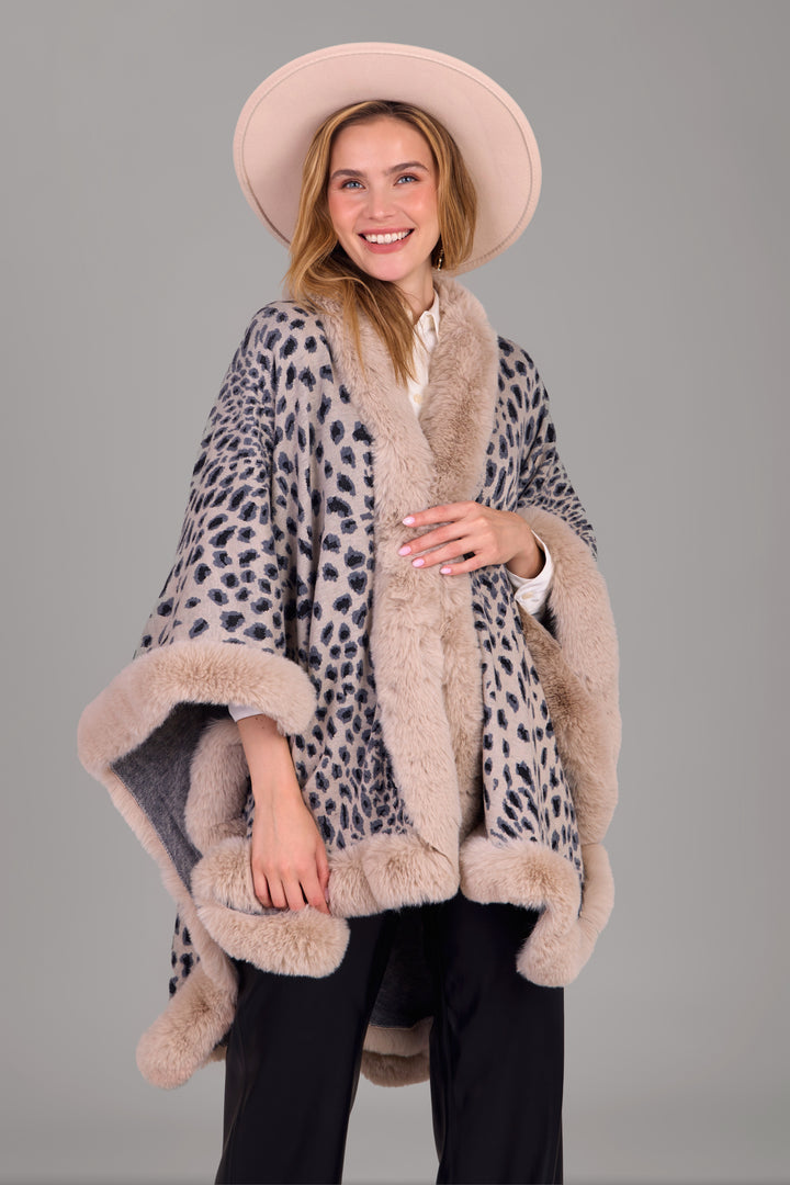 Faux Fur Cheetah Patterned Cape Kimono