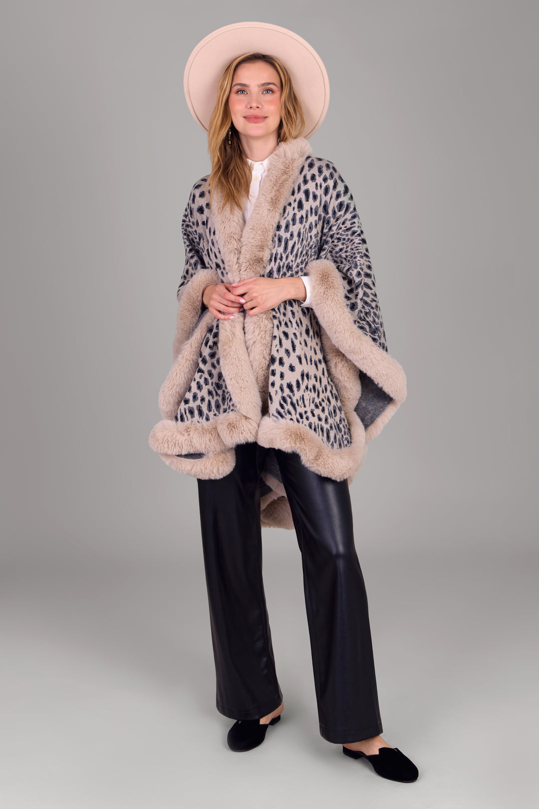 Faux Fur Cheetah Patterned Cape Kimono