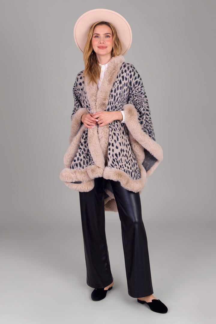 Faux Fur Cheetah Patterned Cape Kimono