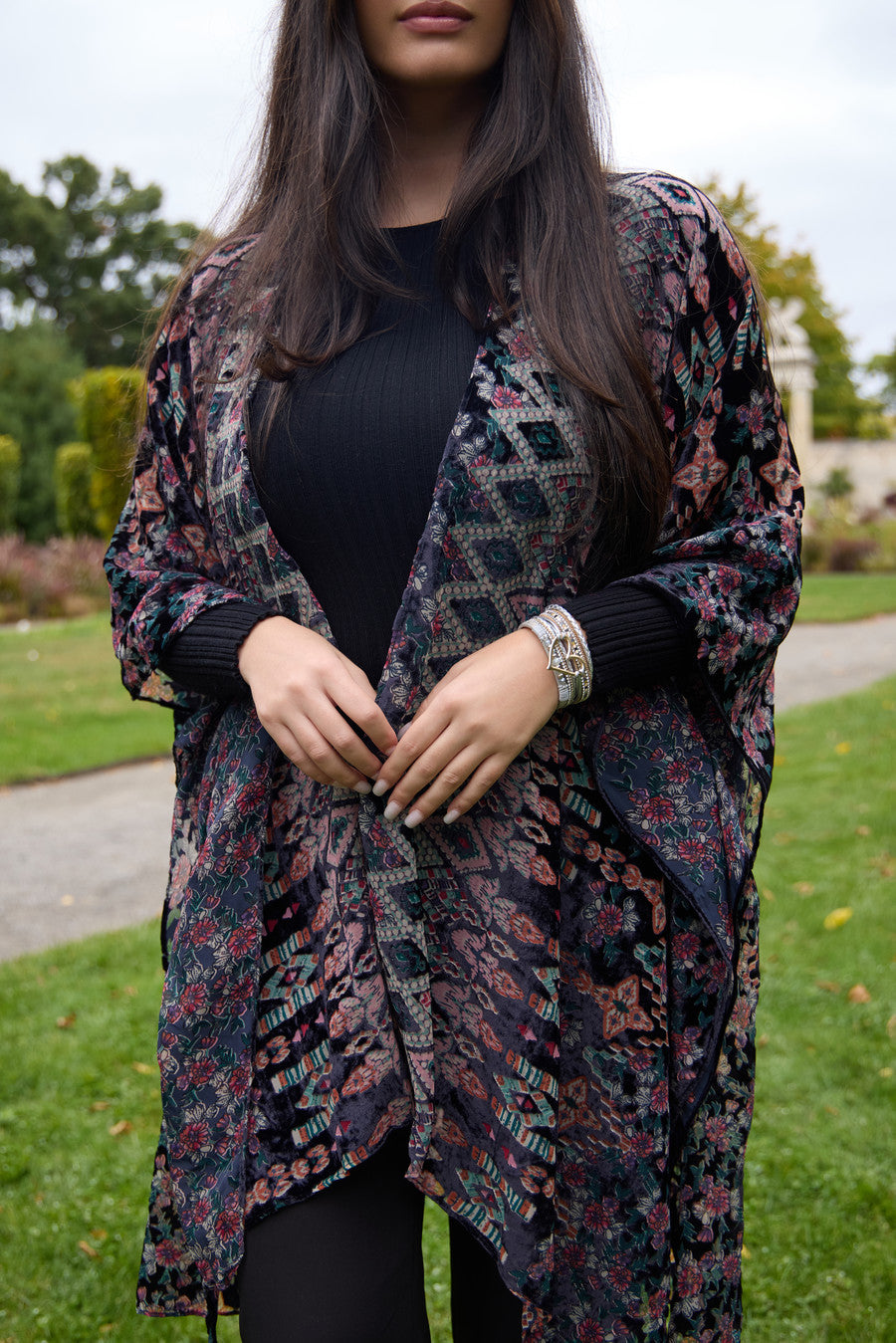 Multicolored Velvet Kimono Black