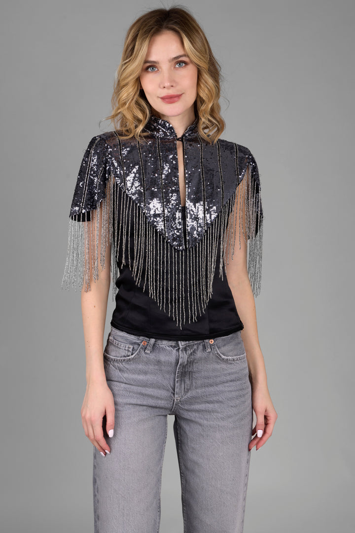 Beaded Fringe Sequin Capelet