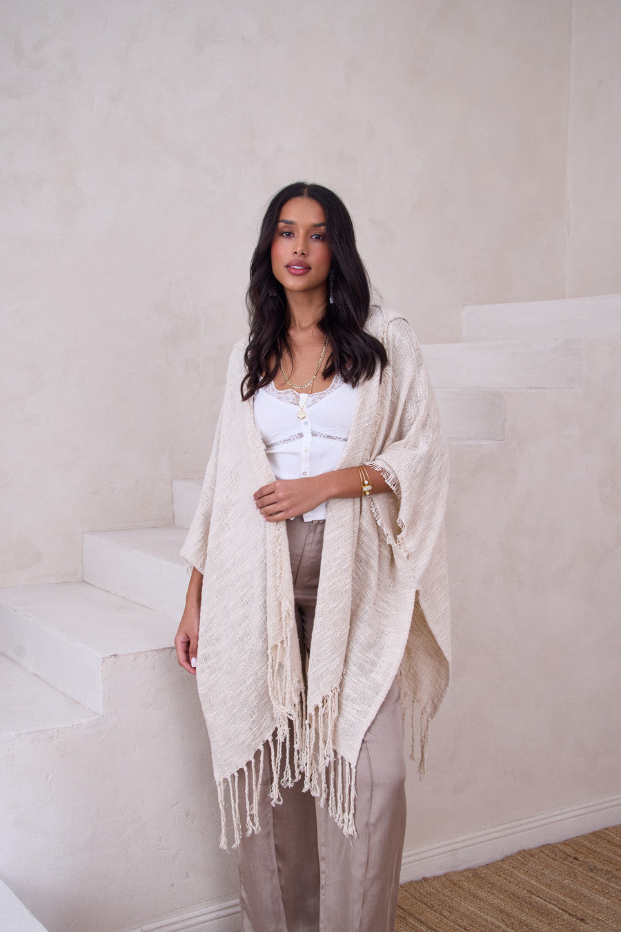 Dawn To Dusk Cotton Hooded Kimono With Fringe