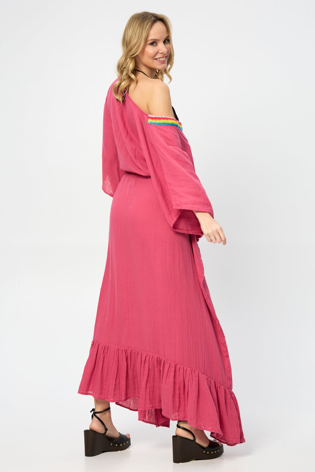 Rainbow Crochet Tie Waist Ruffled Kaftan