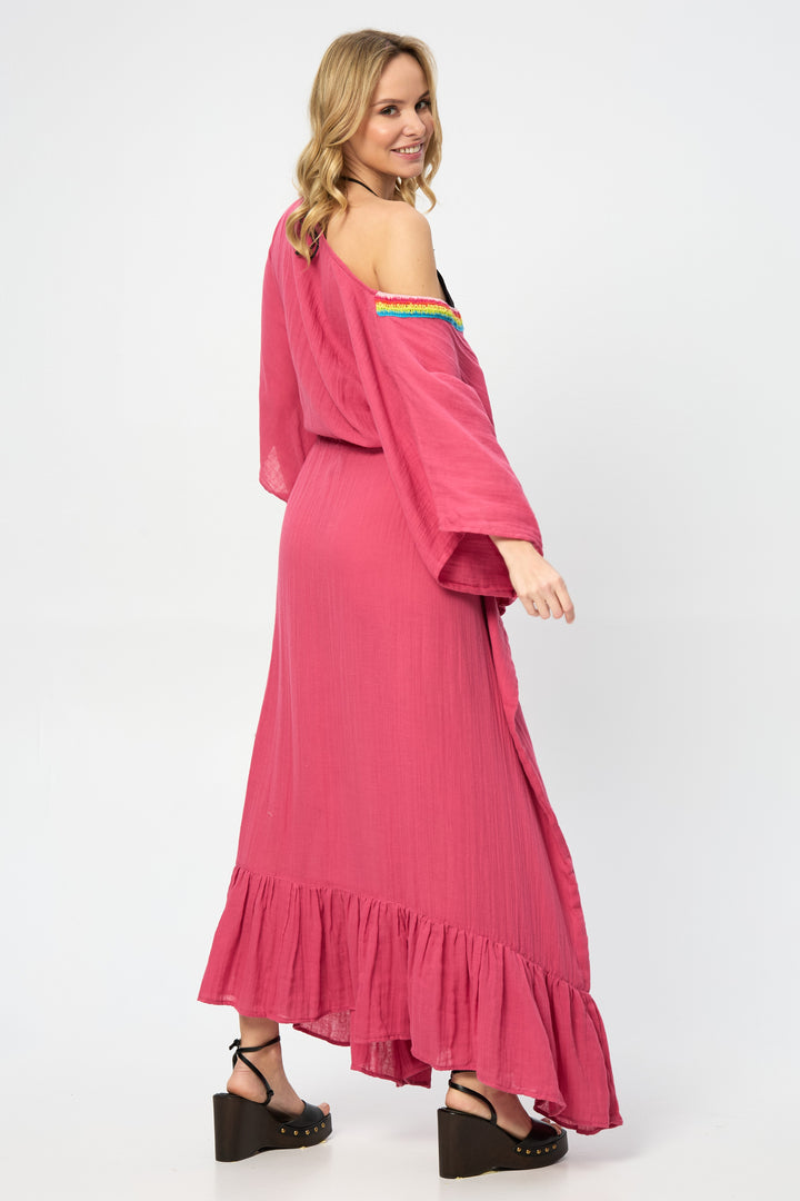 Rainbow Crochet Tie Waist Ruffled Kaftan