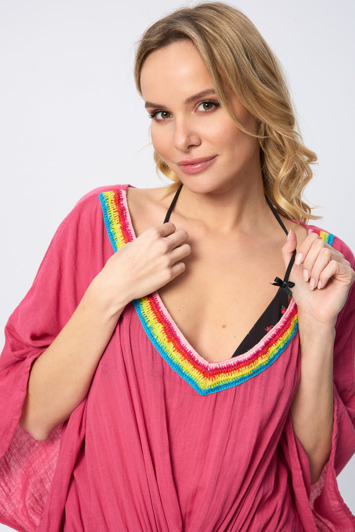 Rainbow Crochet Tie Waist Ruffled Kaftan