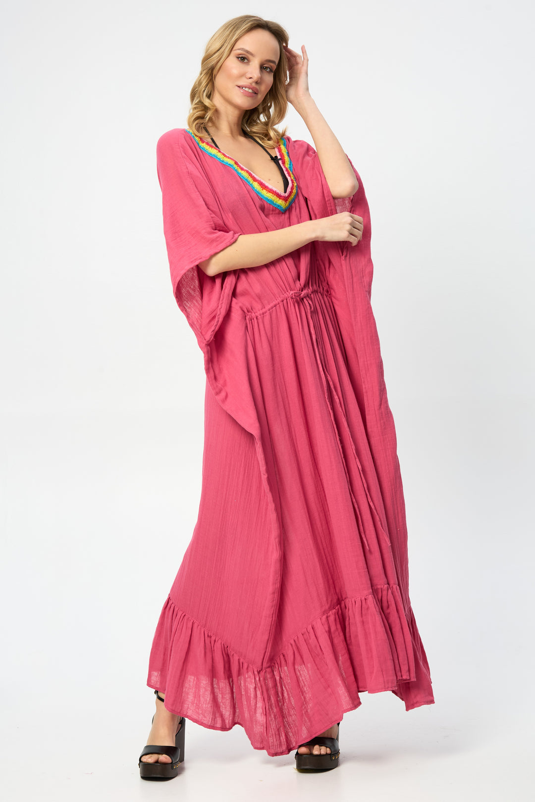 Rainbow Crochet Tie Waist Ruffled Kaftan