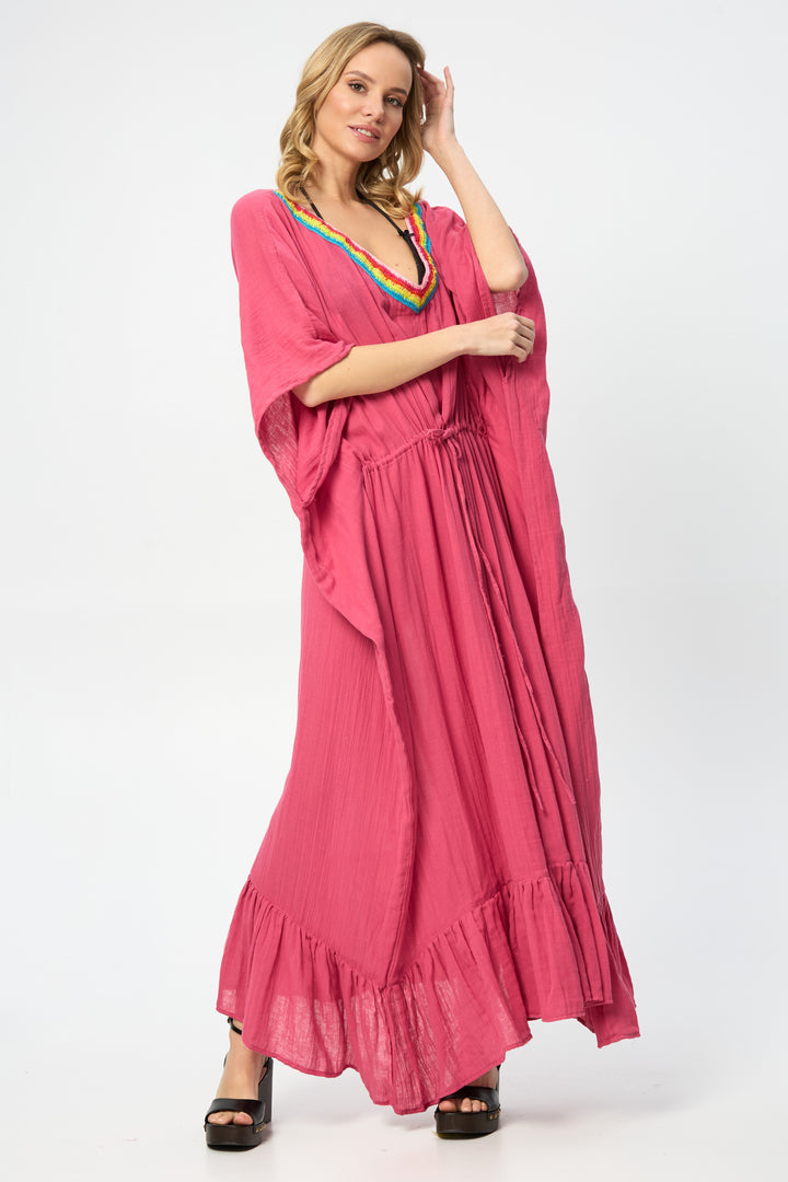 Rainbow Crochet Tie Waist Ruffled Kaftan