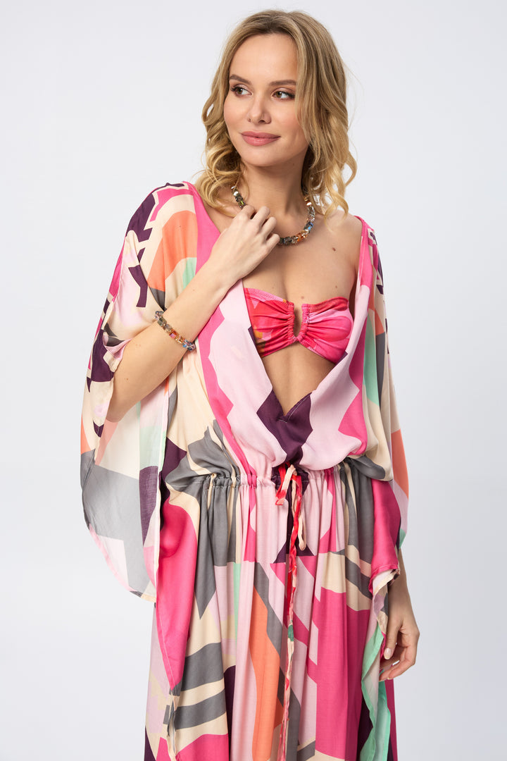 Multicolored Geo Tie Waist Keyhole Kaftan