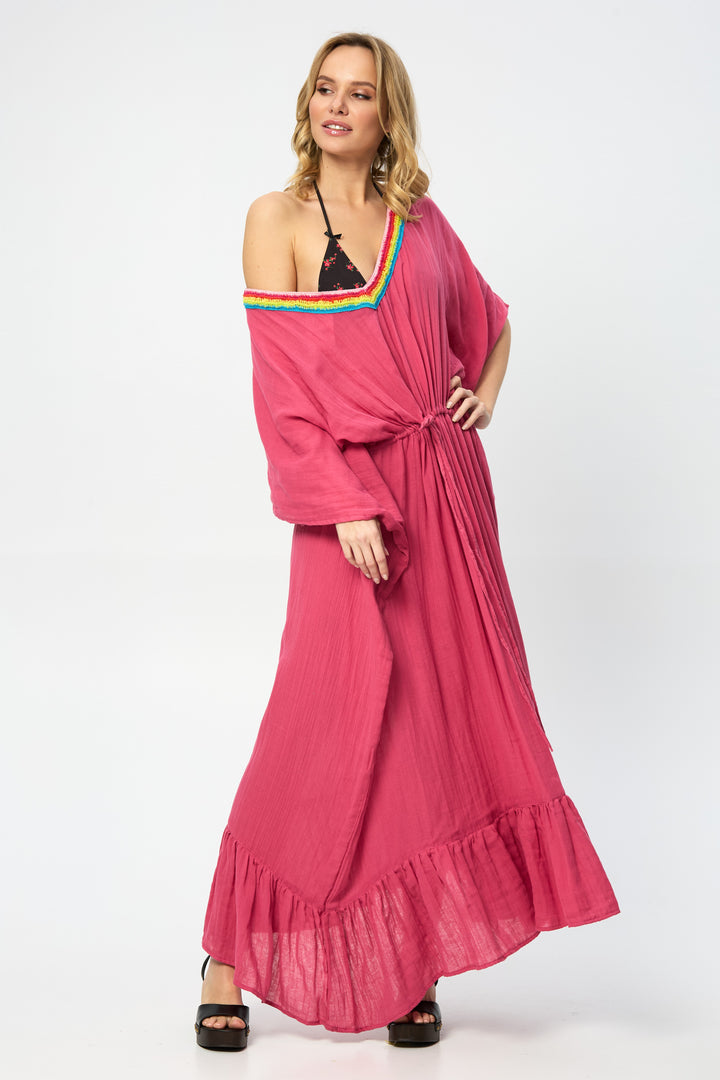 Rainbow Crochet Tie Waist Ruffled Kaftan