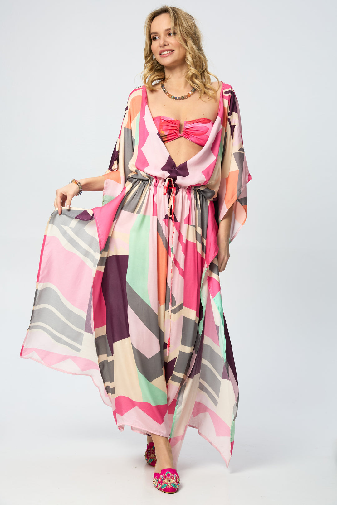 Multicolored Geo Tie Waist Keyhole Kaftan