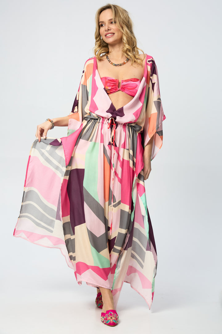 Multicolored Geo Tie Waist Keyhole Kaftan