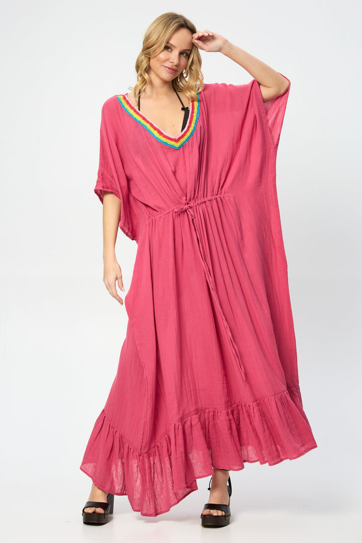 Rainbow Crochet Tie Waist Ruffled Kaftan