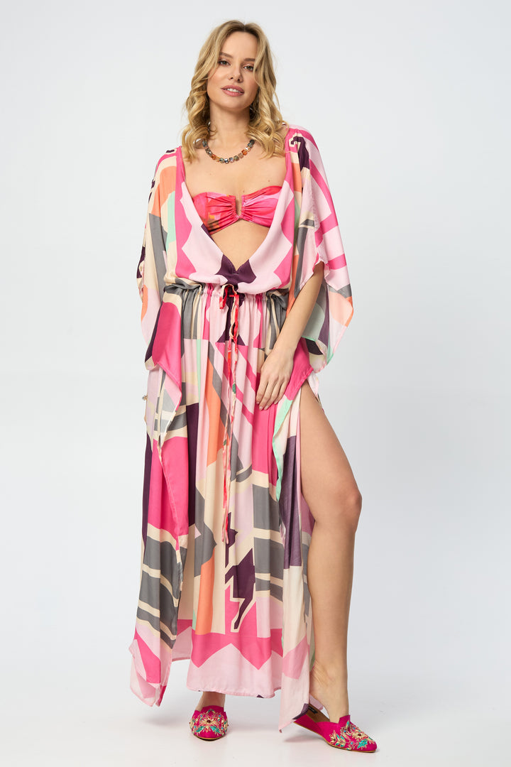 Multicolored Geo Tie Waist Keyhole Kaftan
