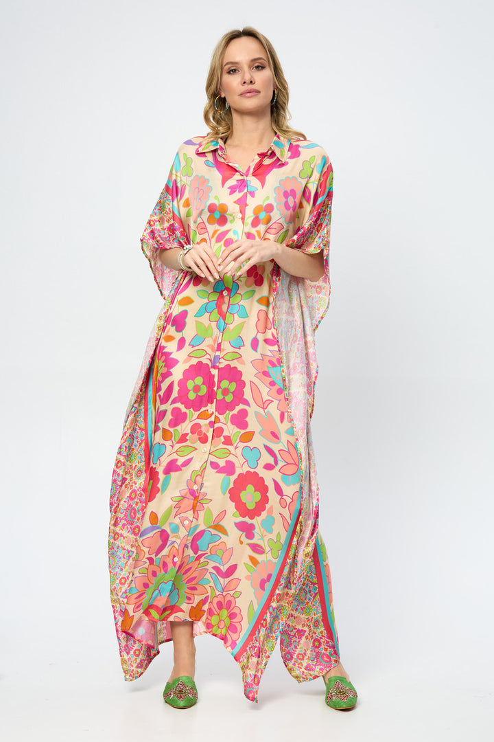 Multicolored Floral Collared Kaftan