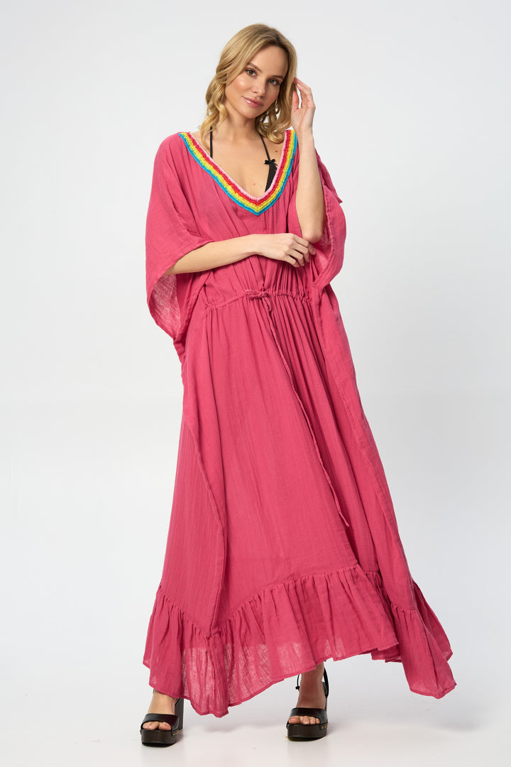 Rainbow Crochet Tie Waist Ruffled Kaftan