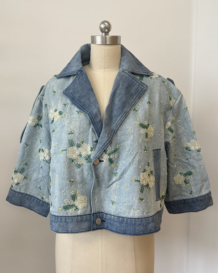 Flower Beaded Short Denim Jacket