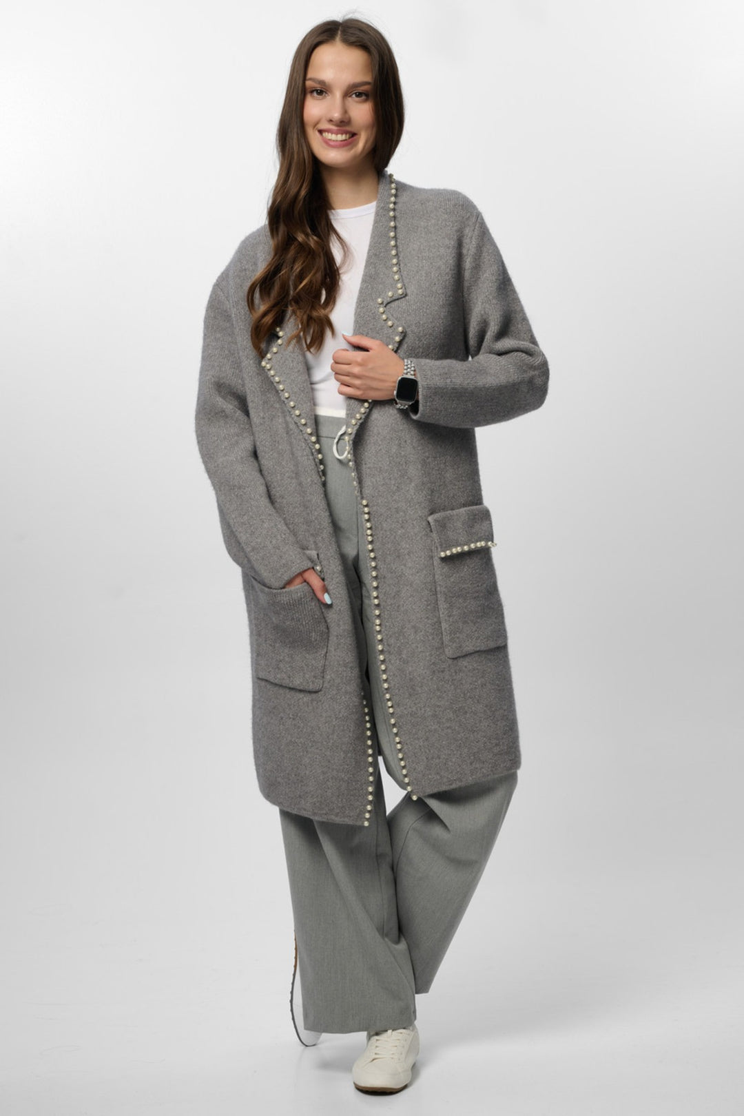 Pearl Trim Long Knit Blazer