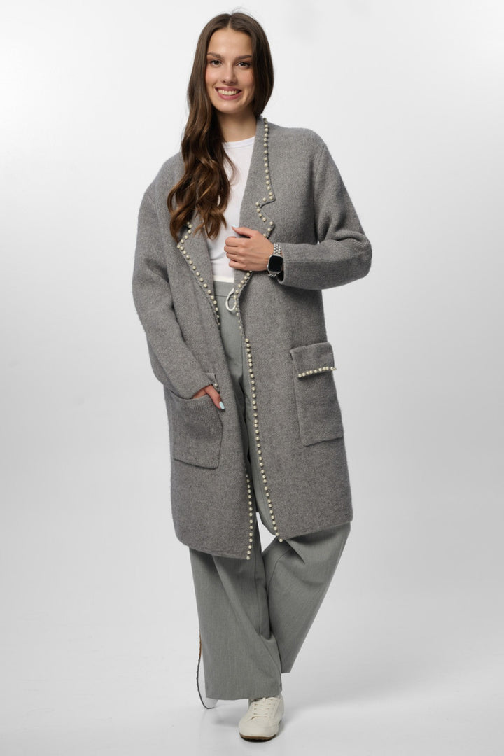 Pearl Trim Long Knit Blazer