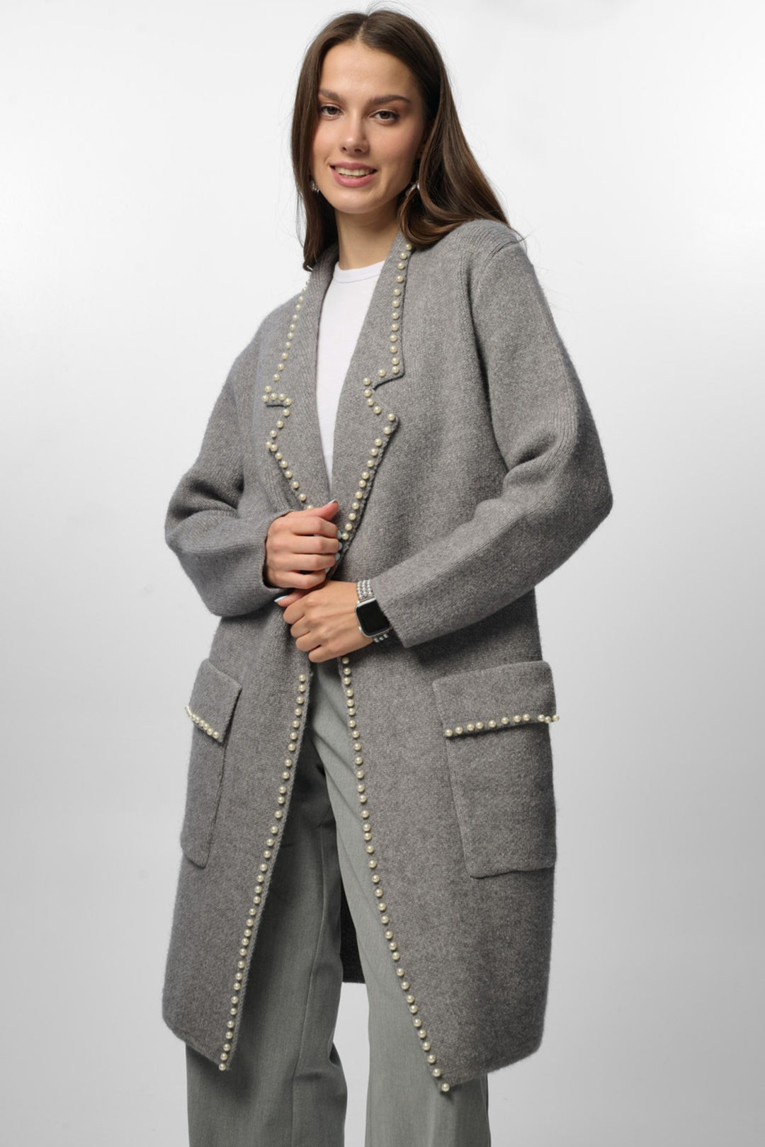 Pearl Trim Long Knit Blazer