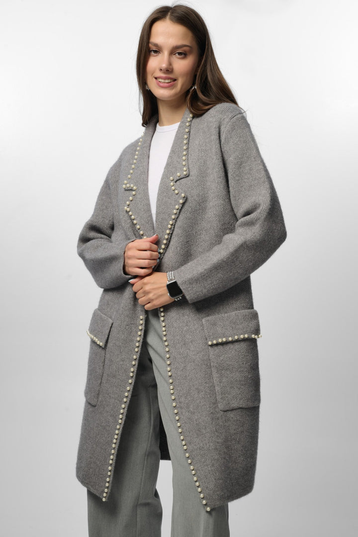 Pearl Trim Long Knit Blazer