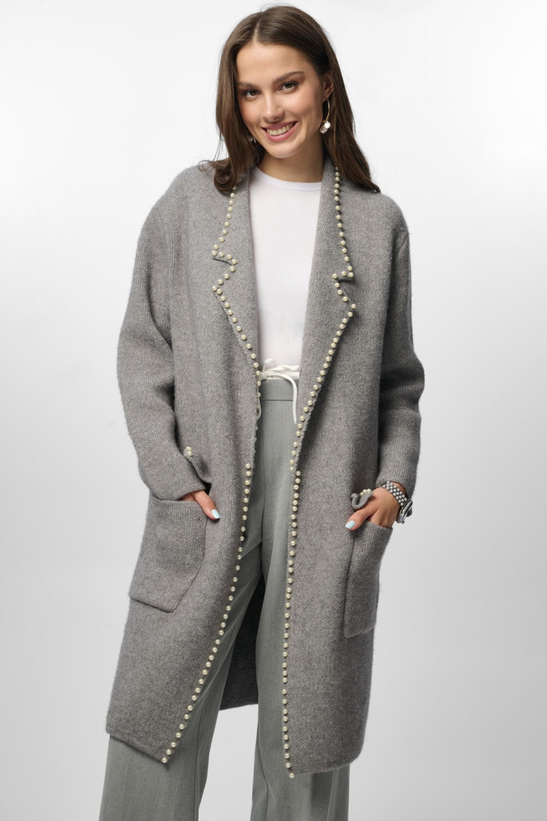 Pearl Trim Long Knit Blazer