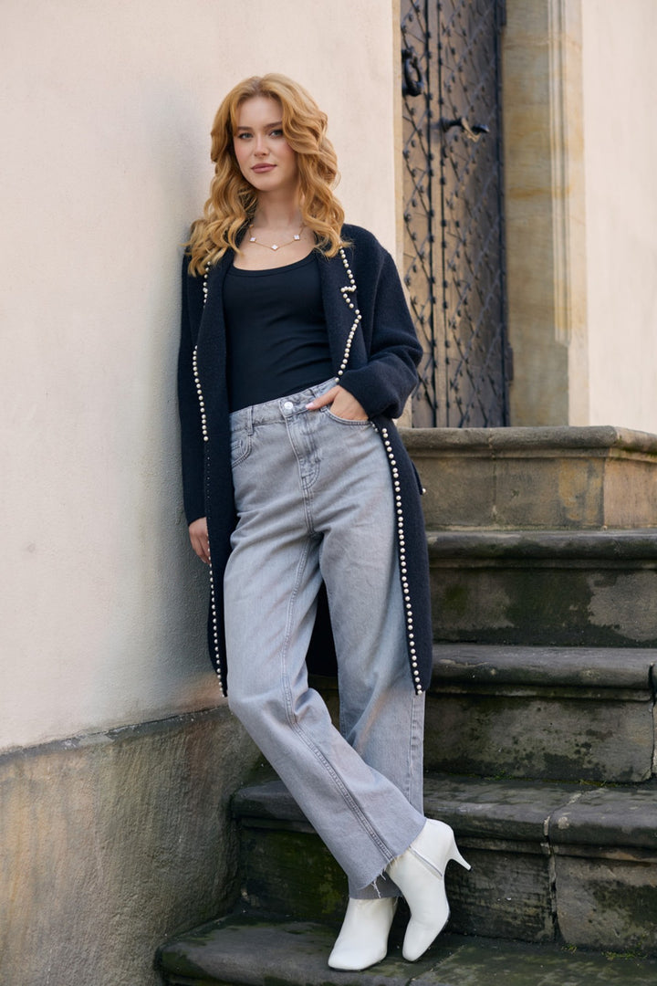 Pearl Trim Long Knit Blazer