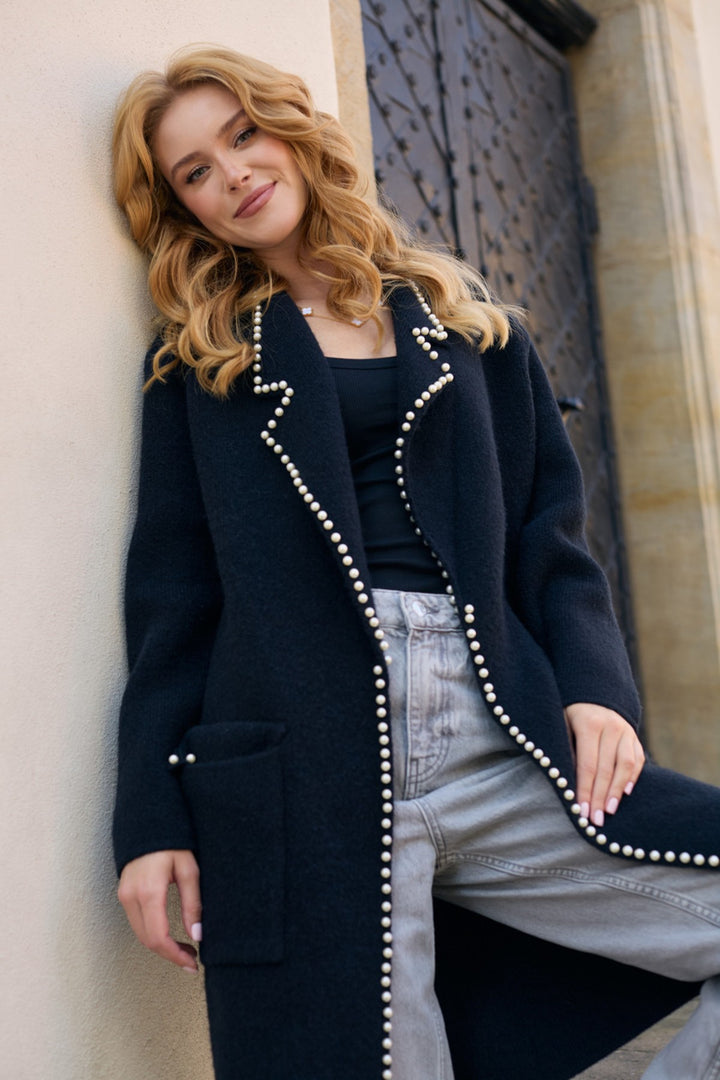 Pearl Trim Long Knit Blazer