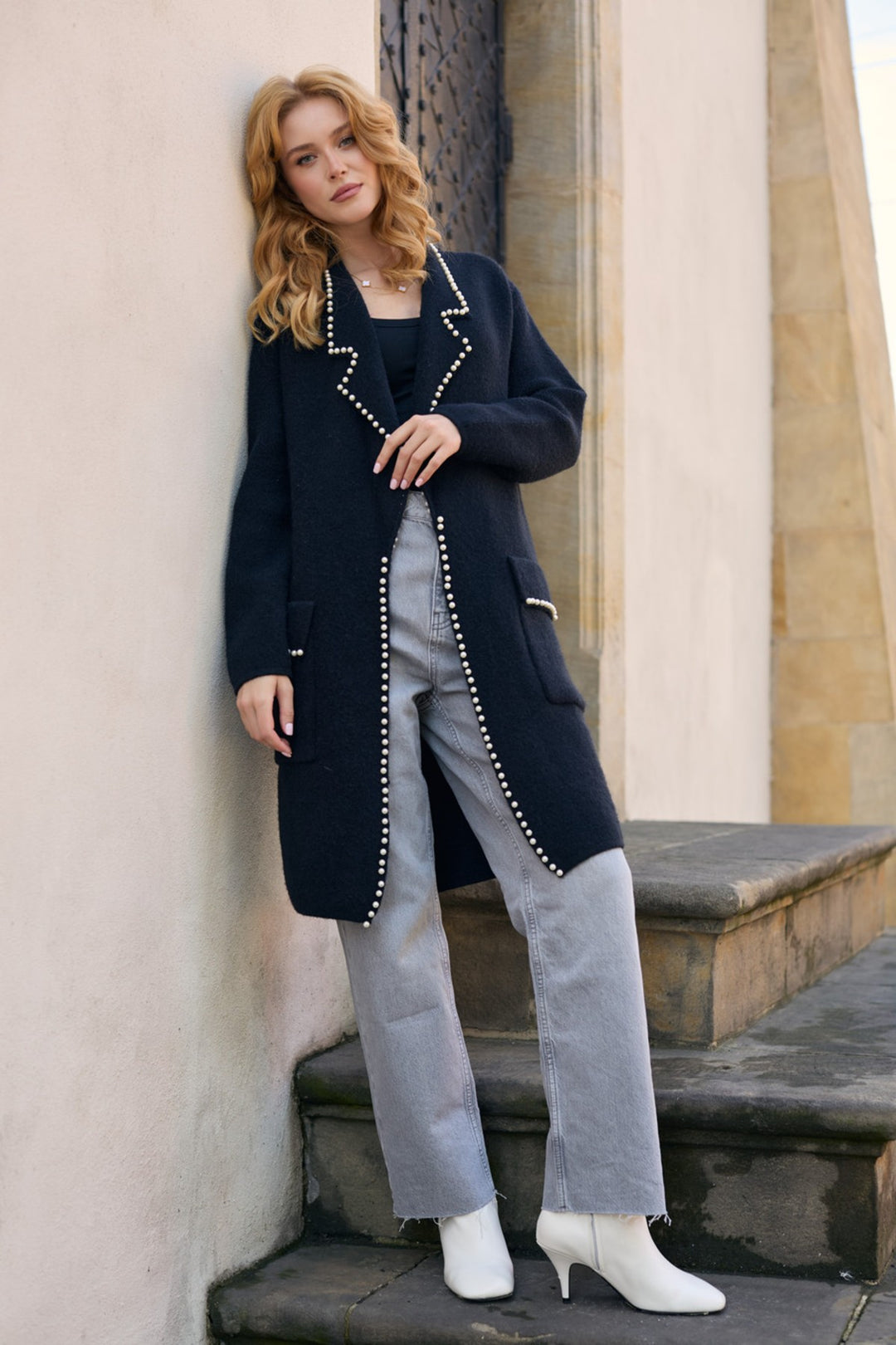 Pearl Trim Long Knit Blazer