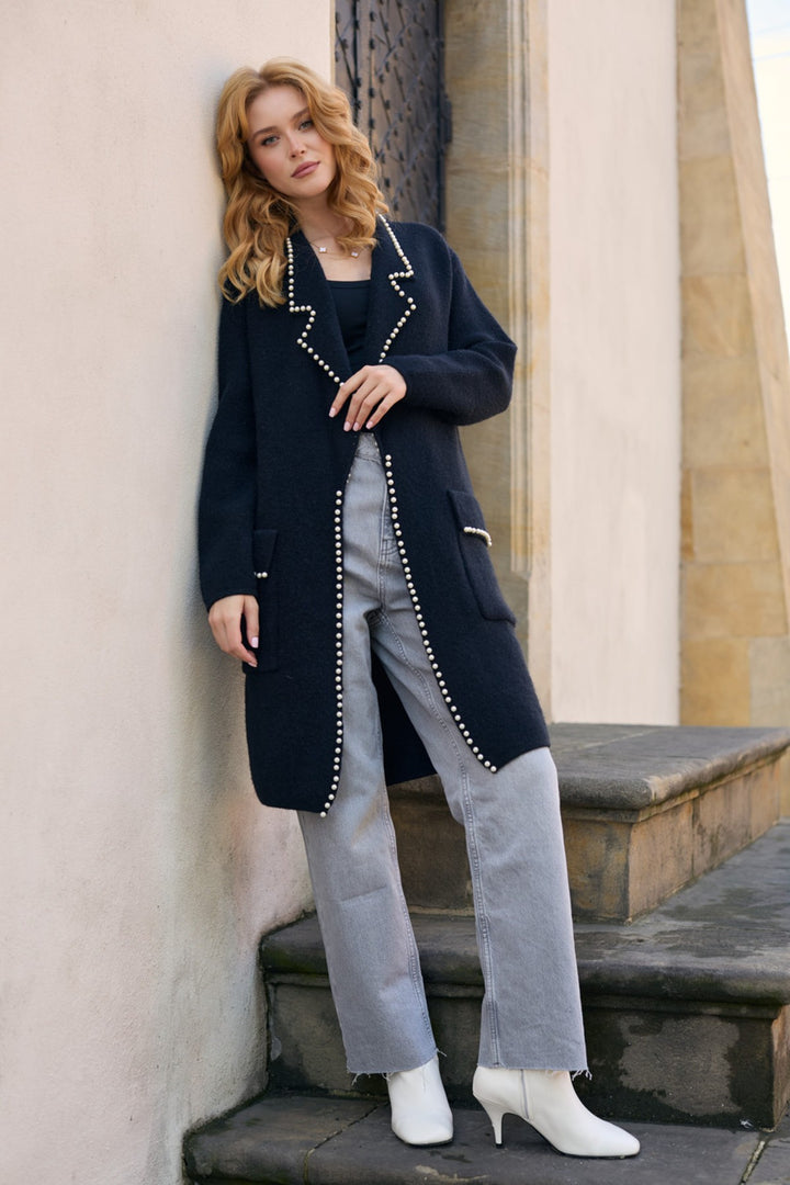 Pearl Trim Long Knit Blazer