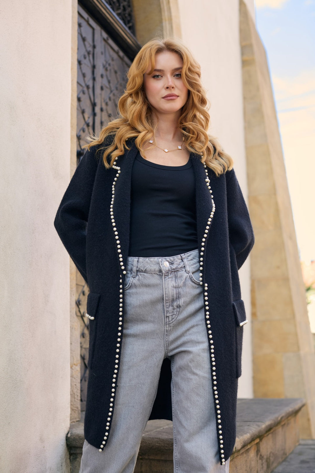 Pearl Trim Long Knit Blazer