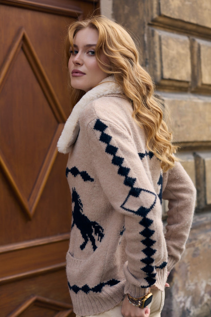 Fur Collar Horse Knit Jacket