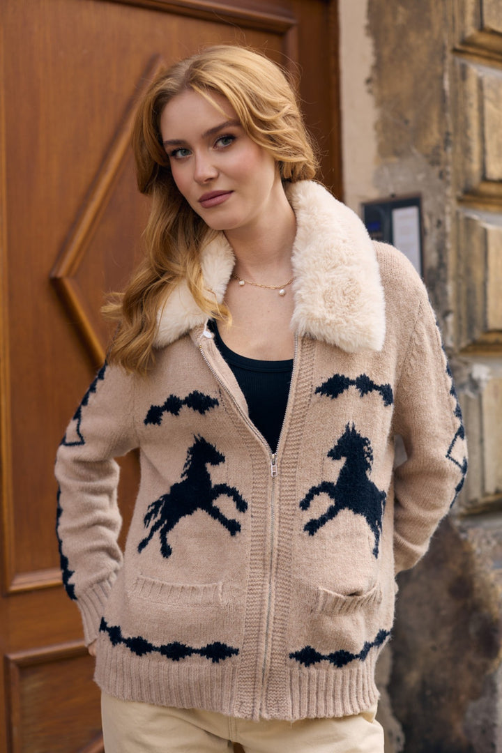 Fur Collar Horse Knit Jacket