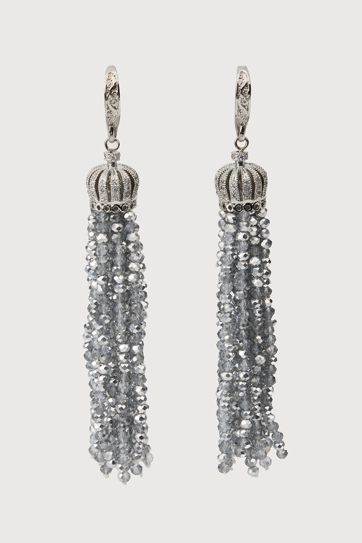 Crown Tassel Drop Earrings - Silver