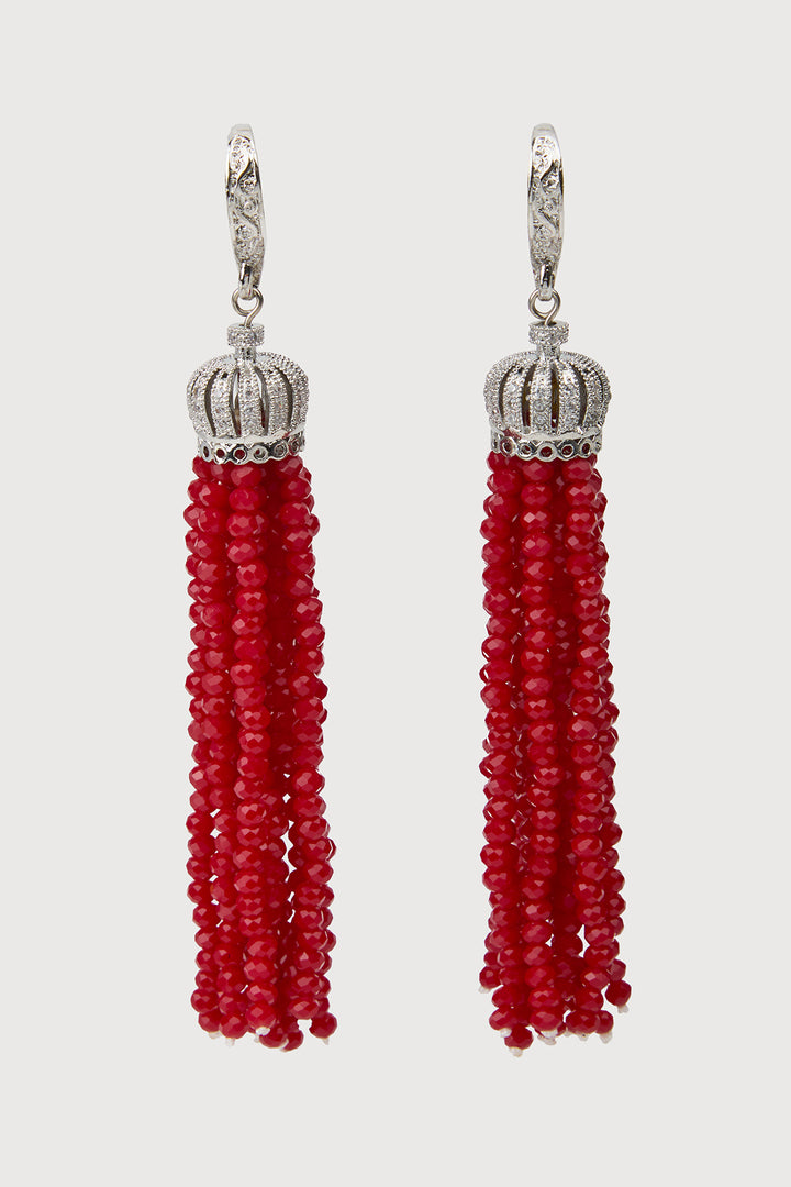 Crown Tassel Drop Earrings - Red
